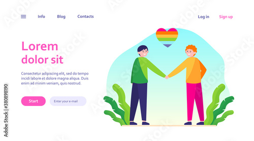 Male gay couple with rainbow heart. Cheerful men holding hands flat vector illustration. Homosexuality, LGBT, gay pride parade concept for banner, website design or landing web page
