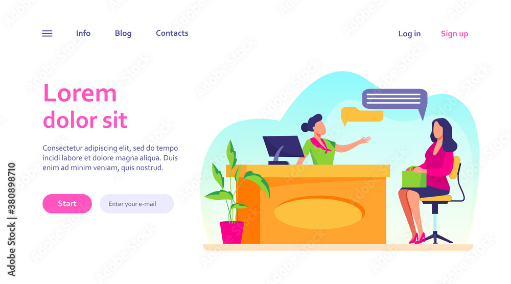 Customer and manager talking at reception desk. Clinic, consultation, reservation flat vector illustration. Communication, service concept for banner, website design or landing web page Customer and manager talking at reception desk. Clinic, consultation, reservation flat vector illustration. Communication, service concept for banner, website design or landing web page