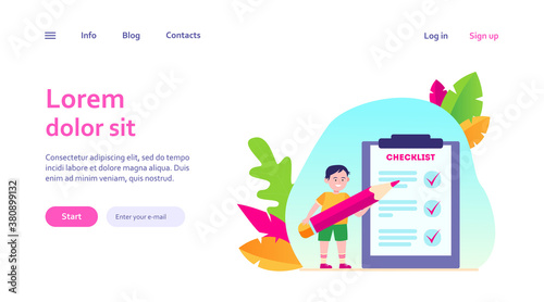 Boy filling out checklist. Child with pencil, kid, task list flat vector illustration. Planning, survey, education concept for banner, website design or landing web page