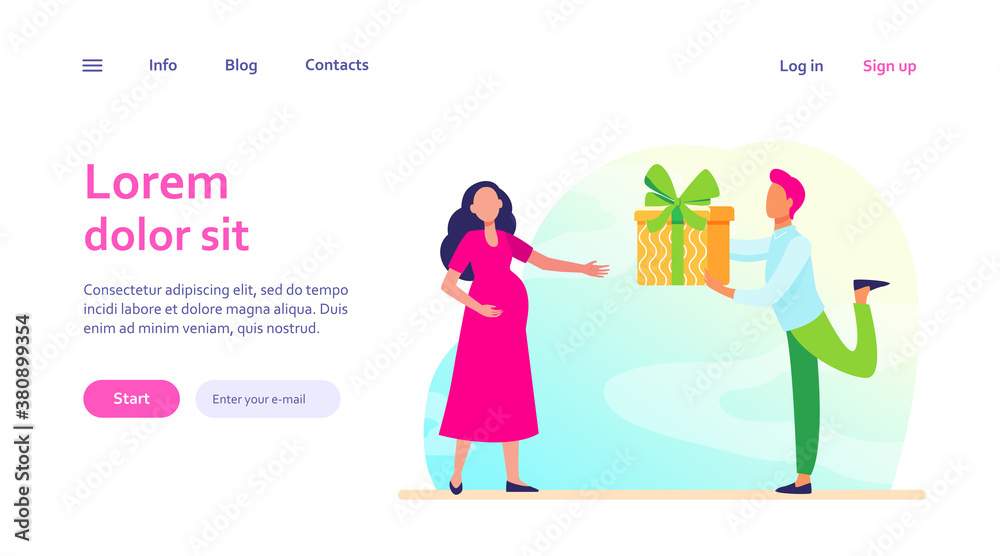 Man giving gift to his pregnant wife. Expecting couple, parents, present for baby flat vector illustration. Family, pregnancy, love concept for banner, website design or landing web page