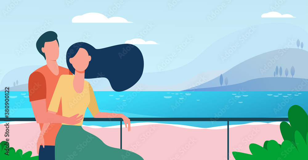 Dating couple enjoying vacation by sea. Man and woman hugging on beach flat vector illustration. Tourism, leisure, summer concept for banner, website design or landing web page Dating couple enjoying vacation by sea. Man and woman hugging on beach flat vector illustration. Tourism, leisure, summer concept for banner, website design or landing web page