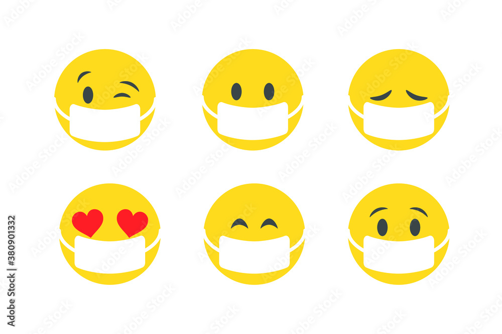 Fototapeta premium Flat Design Vector Emoji Set in protective masks against infection. For Social Network Isolated on White Background