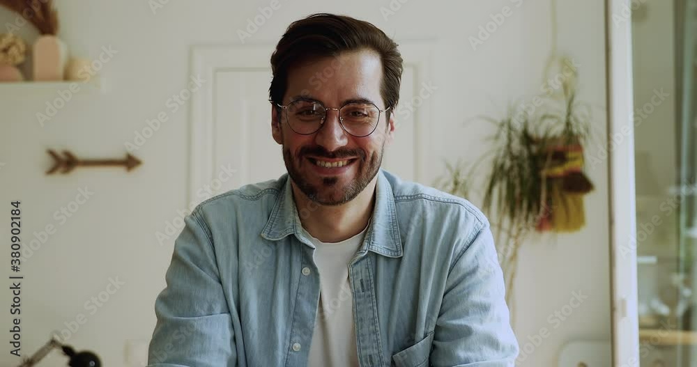 Man looking at camera start live videoconference call. Pass job interview remotely talk with employer during virtual meeting answers questions feels confident. Modern tech and communication concept