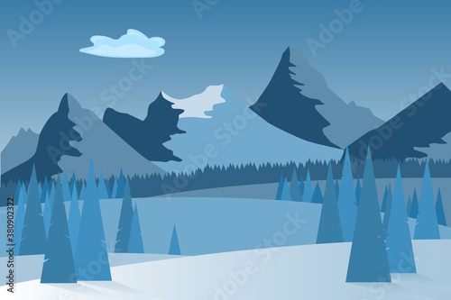 Landscape with winter day in forest and mountains