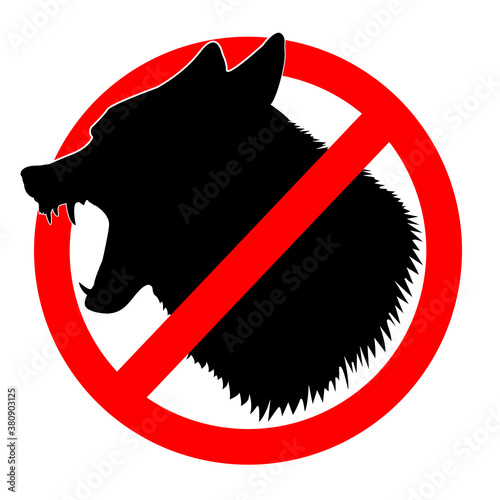 Wolf in prohibiting sign. Emblem, silhouette of a predator. Logo for forbidden. Strikethrough fangs, grin, wool. Isolated on white. Vector illustration