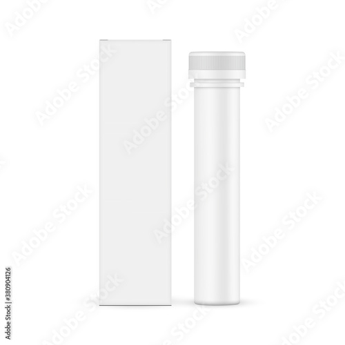Plastic tube for effervescent tablets with paper box, front view, isolated on white background. Packaging for vitamins or supplements. Vector illustration