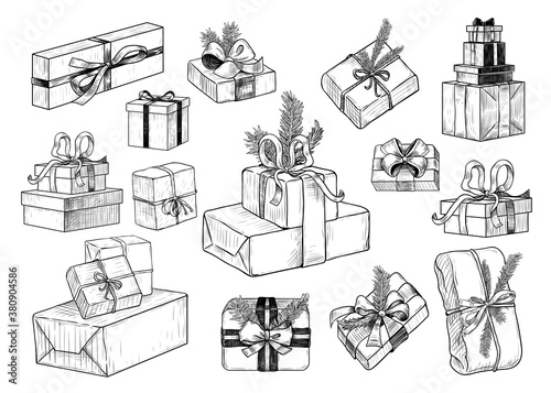 .A set of various boxes and packages with gifts.  Vector vintage illustration.Isolated objects on white background, sketch, clipart.