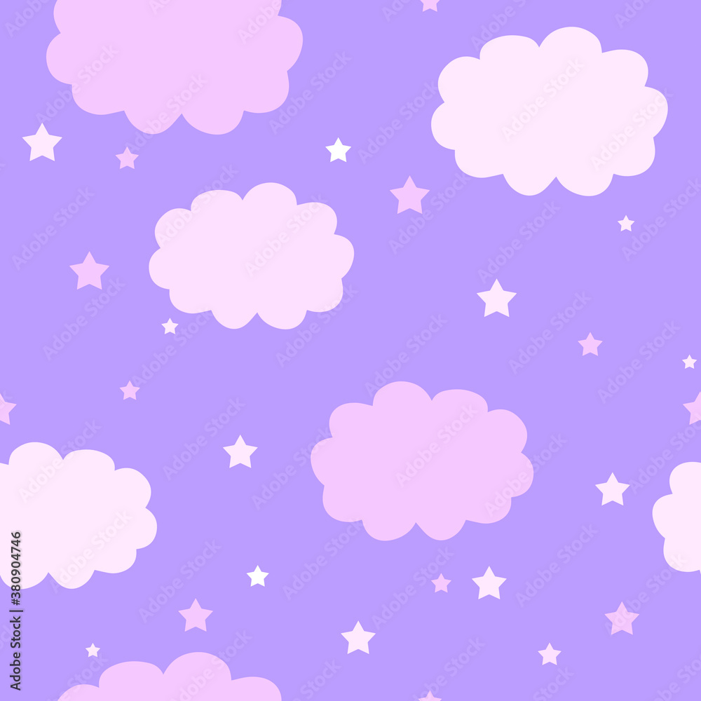 Pink clouds and stars on lilac
phone.Baby wallpaper. Cute pattern