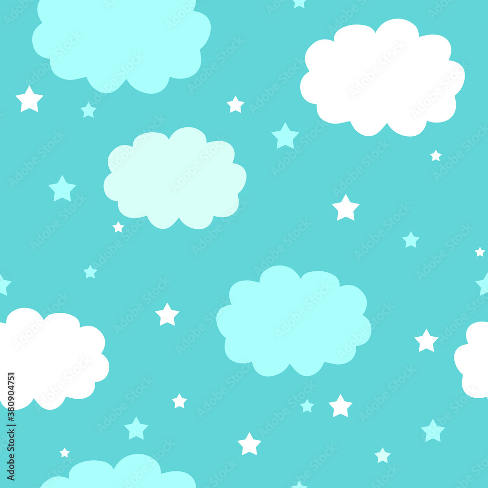 Clouds and stars on a blue background. Seamless vector illustration. Wallpaper for kids.