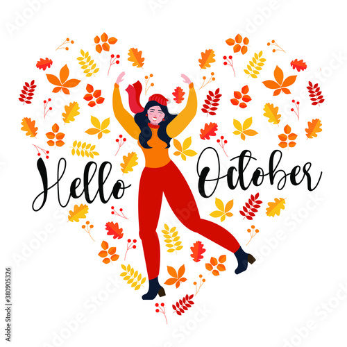 Hello October. Cute vector illustration of a happy girl in autumn.