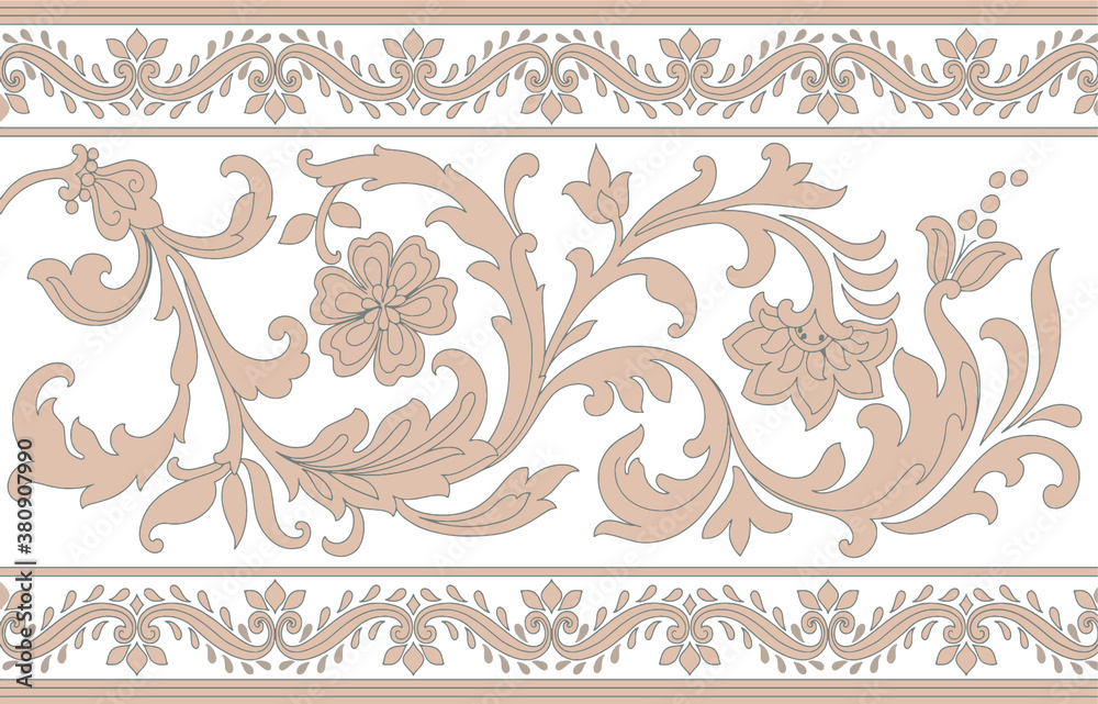Floral vintage border in Turkish, Indian style. Endless pattern can be used for ceramic tile, wallpaper, linoleum, textile, web page background. Vector