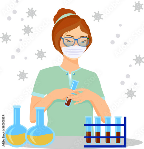 Girl doctor, laboratory assistant, clinical laboratory, analysis of soil and water, test for covid-19, diagnosis of diseases. vector illustration, concept art of walking in cold weather