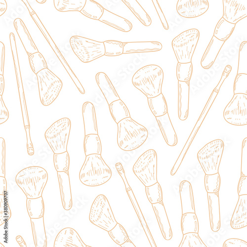 Seamless pattern for make-up brush outline on a white background. Hand drawing. Vector illustration in a cartoon style.