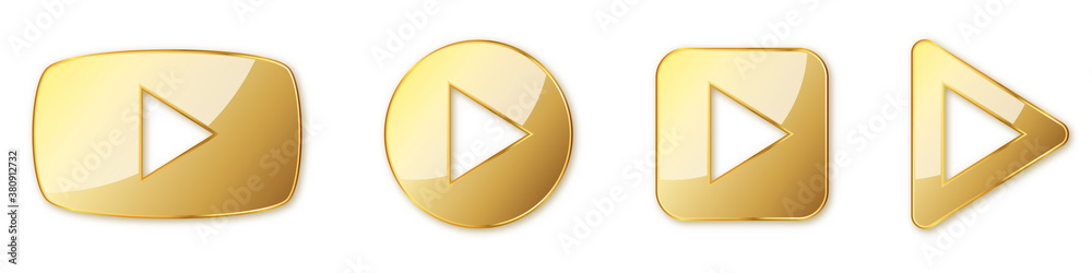 Set of gold play buttons. Play icons isolated. Vector illustration - obrazy, fototapety, plakaty 