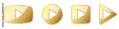 Set of gold play buttons. Play icons isolated. Vector illustration