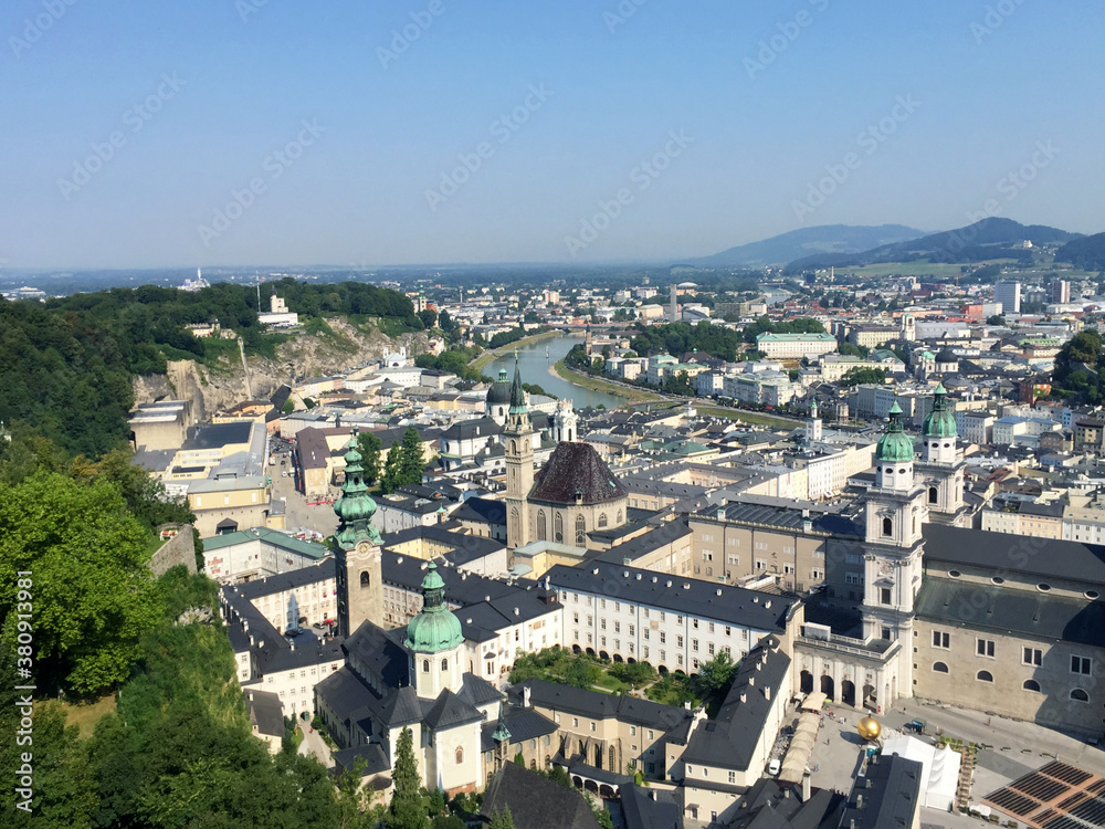 View of the old town and the Salzach river, seen from mountain in Salzburg, Austria 