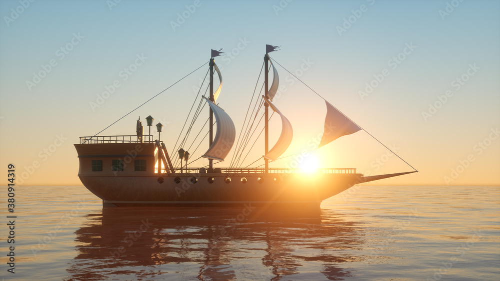 3D Illustration of an old wooden warship on the ocean at sunset