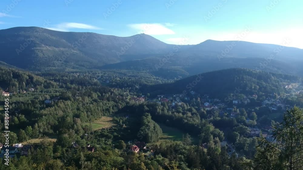 Aerial view of Karpacz city and the Karkonosze Mountains at summer, Poland