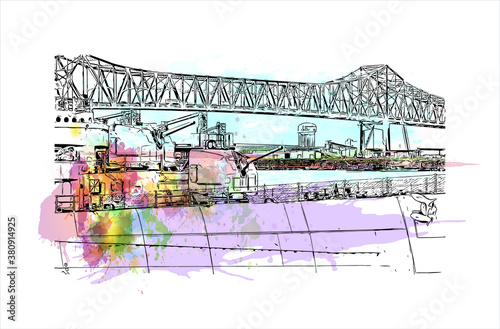Building view with landmark of Baton Rouge is the capital of the U.S. state of Louisiana. Watercolor splash with hand drawn sketch illustration in vector.