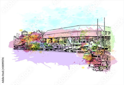 Building view with landmark of Baton Rouge is the capital of the U.S. state of Louisiana. Watercolor splash with hand drawn sketch illustration in vector. photo