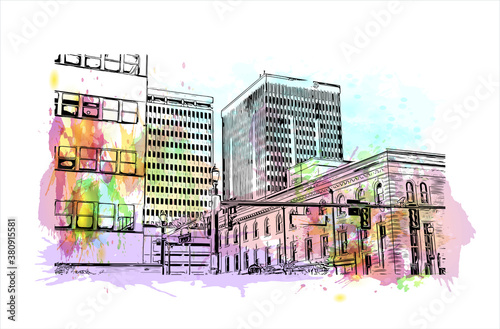 Building view with landmark of Baton Rouge is the capital of the U.S. state of Louisiana. Watercolor splash with hand drawn sketch illustration in vector.