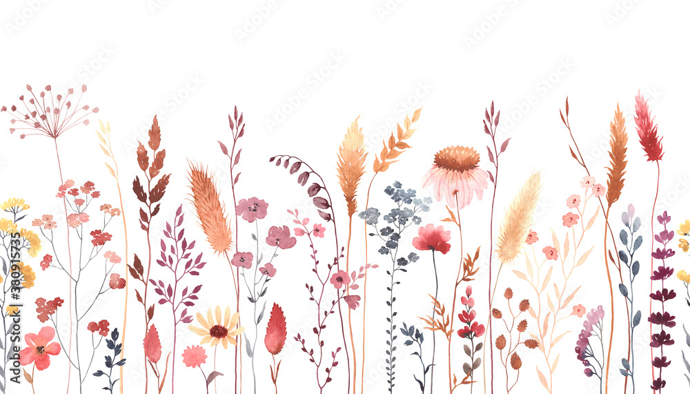 Watercolor floral seamless pattern with colorful wildflowers, plants and grass. Panoramic