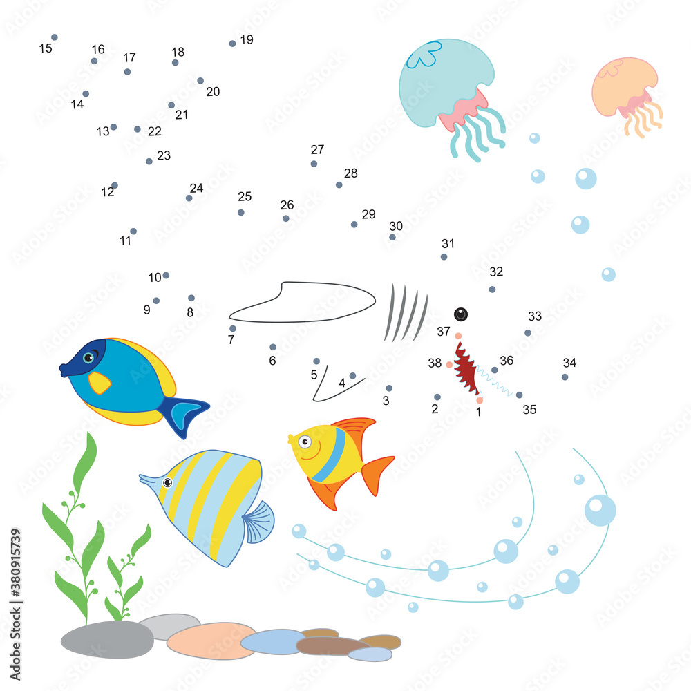 Shark, tropical fish, jellyfish. Coloring book for children, dot to dot ...