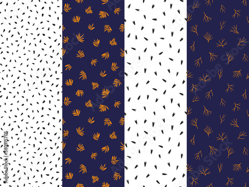Seamless pattern with botanical elements, scattered particles