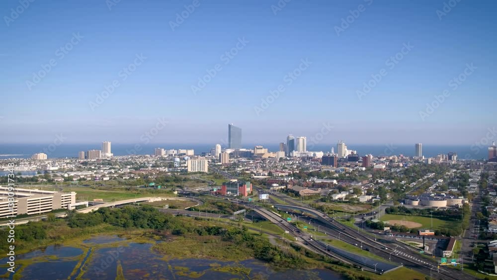 Down swoop of Atlantic City, New Jersey skyline during daylight hours. Down swoop of Atlantic City, New Jersey skyline during daylight hours.