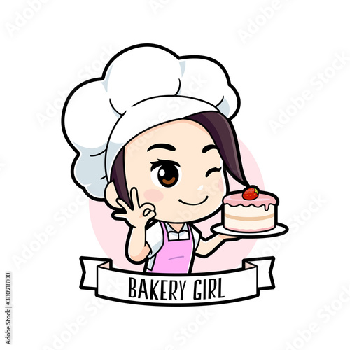 Cute little chef girl cartoon holding cake with ok hand sign