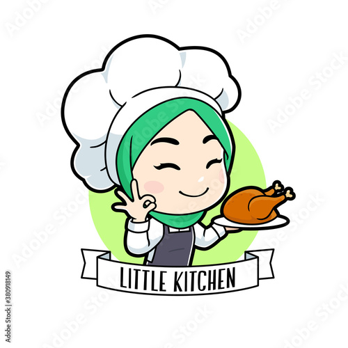 Little muslim chef girl cartoon holding chicken barbeque