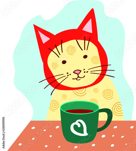 Cute cat in funny hat drinks coffee isolated. Vector illustration.