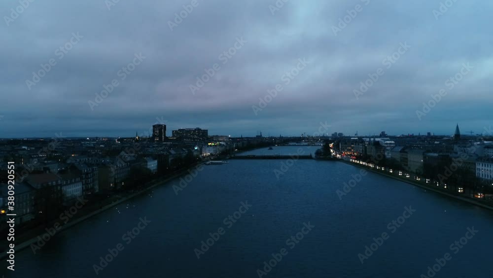 Drone shot with DJI over the lakes in Copenhagen at night slowmotion Drone shot with DJI over the lakes in Copenhagen at night slowmotion