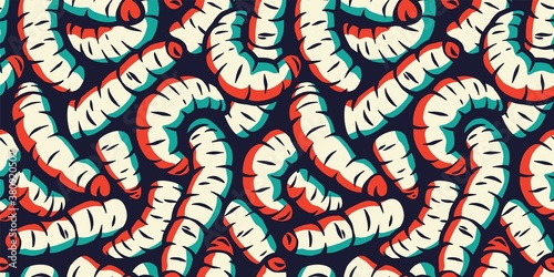 Colored seamless pattern wallpaper with illustrations of maggots worms for halloween design. Scary insect larvae. October party banner, poster or postcard