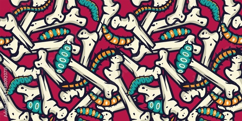 Colored seamless pattern wallpaper with illustrations of caterpillar, maggots worms and bones for halloween design. Scary insect larvae. October party banner, poster or postcard