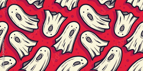 Colored seamless pattern wallpaper with scary horrible ghost, spirit and soul for halloween holiday design. October party banner, poster or postcard