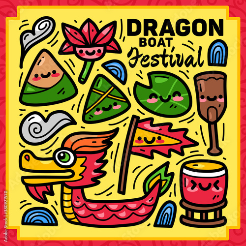 doodle collection set of dragon boat festival element on isolated white background. doodle dragon boat festival