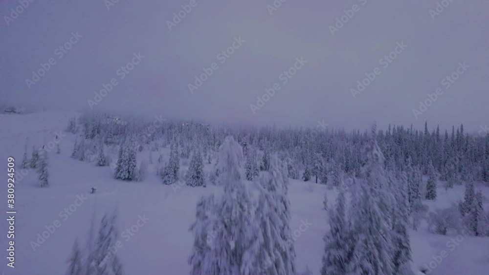 Epic snowy Norwegian mountains with ski slopes and spruce forest night drone aerial footage Epic snowy Norwegian mountains with ski slopes and spruce forest night drone aerial footage