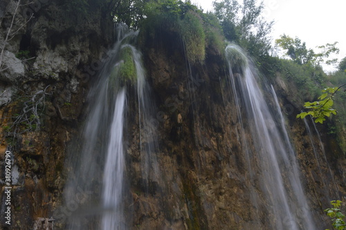 The turquoise waters from the stunning waterfalls in the Plitvice Lakes National Park in Croatia