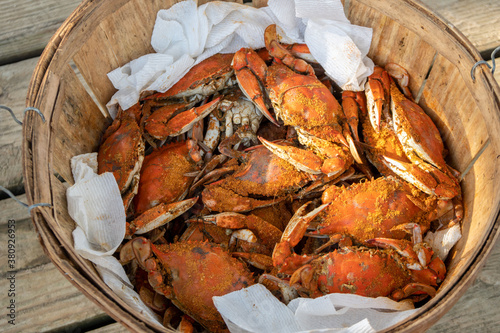 Basket of steamed crabs photo
