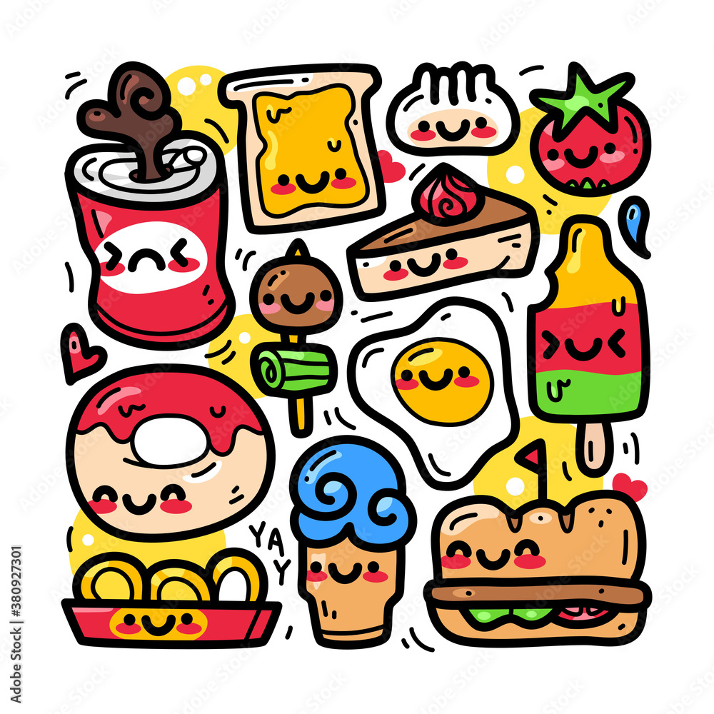 Doodle collection set of Food and beverage element on isolated white background. Doodle kawaii style 