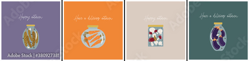 Set of cute vector autumn greeting cards with happy autumn wishes. Minimalistic postcards with homemade preparations and jars of vegetables.Pickled cucumbers, mushrooms, carrots and eggplants.