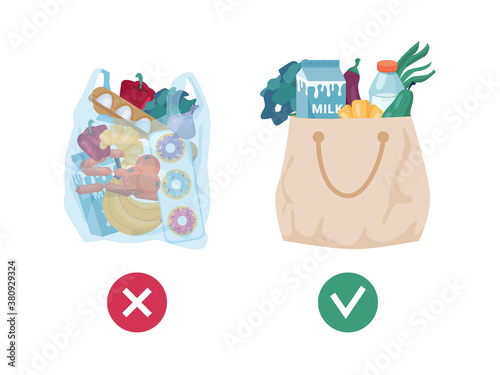Pollution problem concept, using eco friendly textile totes of fabric cloth vs plastic transparent bag. Ecologically friendly grocery shopping and lifestyle. Zero waste, disposables recycling vector