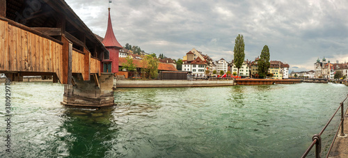 Lucerne, Switzerland: Spreuer bridge over the river Reuss in the histroical centre of Lucerne. This bridge is one of the tree medieval, covered, wooden bridges in Lucerne.  photo