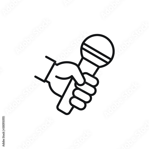 
Hand holding microphone icon, line style. a handheld microphone is used to interview a source in seeking accurate information. Vector illustration. Design on white background. EPS 10