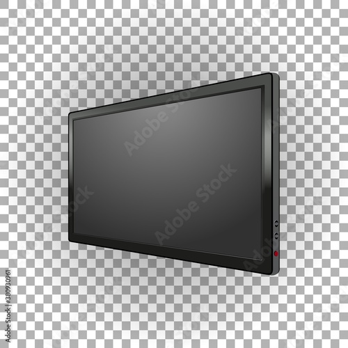 Vector realistic 3d Led TV, on off button, wide screen on transparent background. Black monitor immage. Perspectiv view. Element for designs.