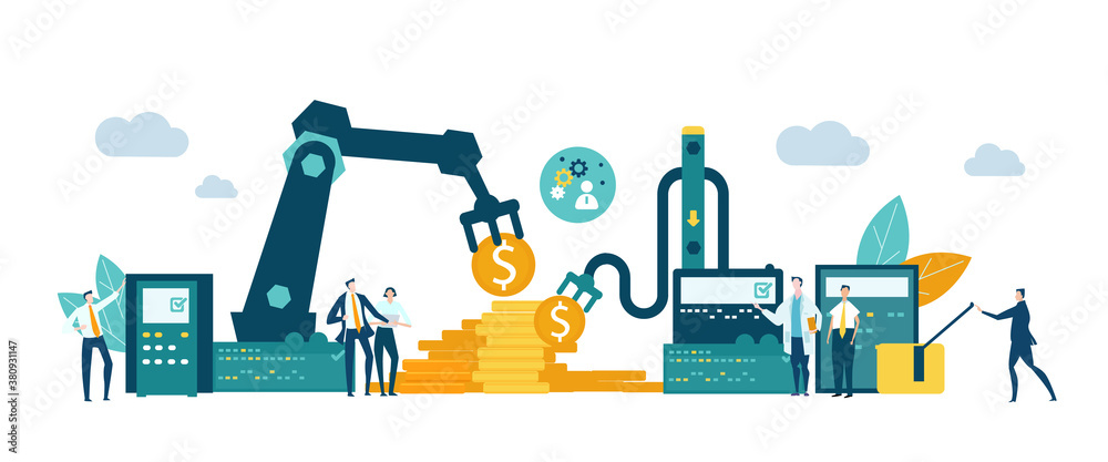 Business people at factory next to production line. Manufacturing money. Time is money concept Business people at factory next to production line. Manufacturing money. Time is money concept