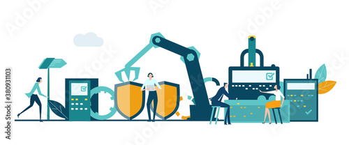 People manufacturing protective shields, people work next to manufacturing belt, conveyer. Assembling and developing new product. New start up, new business. 