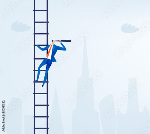 Successful banker looking with the telescope for better investments, new start up, new business. Business concept illustration