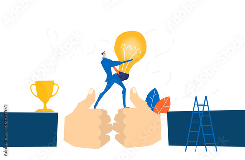 Businessman holding up light bulb. First place, the best banker, year award. Business people get awards. 
